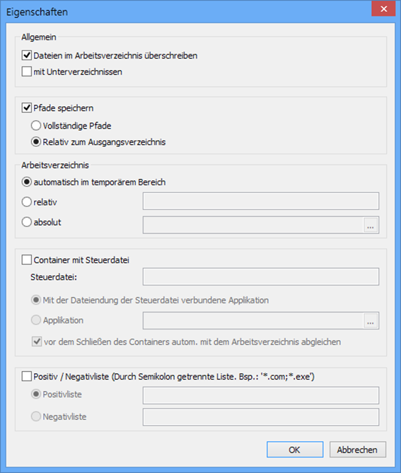 Container properties dialog